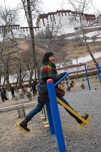 Exercising at a local park with local Tibetans